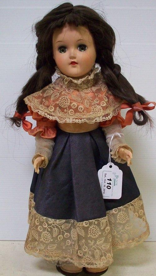 IDEAL HARD PLASTIC DOLL: Marked on back ''Ideal Doll 90-W'', comes from the estate of Geraldine (Jerrie) Kneipper, Kenosha, WI, member of ''The Badger State Doll Club'', approximate height 14''.