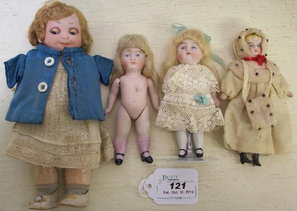 GROUP: Four dolls, including 2 all bisque and 1 bisque head with composition body marked ''A.11/0.M.'', come from the estate of Geraldine (Jerrie) Kneipper, Kenosha, WI, member of ''The Badger State Doll Clu