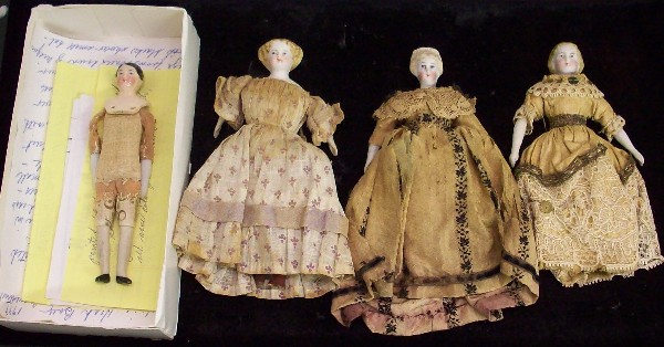 GROUP: Four dolls, including 3 parian head depicting women, and a china head man, come from the estate of Geraldine (Jerrie) Kneipper, Kenosha, WI, member of ''The Badger State Doll Club'', approximate heigh