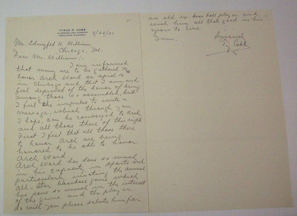 ***HANDWRITTEN LETTER REGARDING ARCH WARD: Signed Ty Cobb.