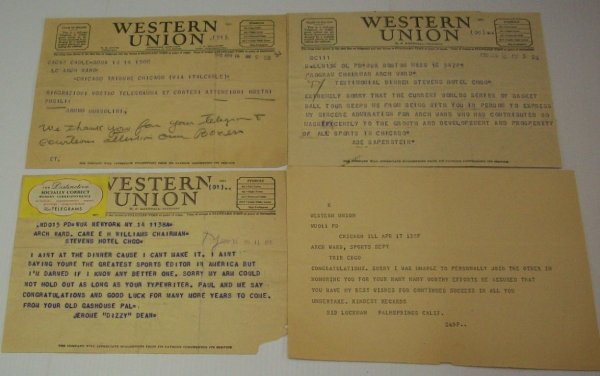 ***GROUP OF WESTERN UNION TELEGRAMS: Bruno Mussolini, son of Benito Mussolini, Bob Feller, Abe Saperstein, Sid Luckman, and Jerome ''Dizzy'' Dean.