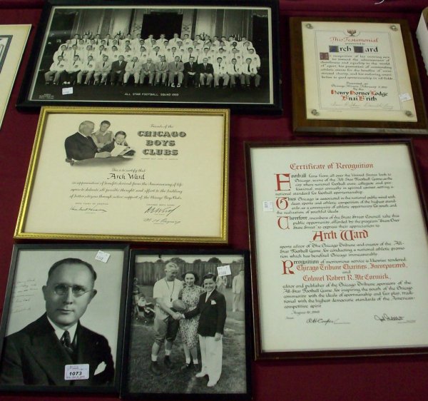 ***SIX PIECES: Chicago Boys Club Award signed Herbert Hoover, photograph All-Star football squad 1953, certificate of recognition from Chicago Tribune Charities, Inc., etc.