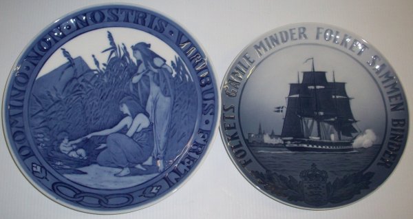 ***TWO ROYAL COPENHAGEN COMMEMORATIVE PLATES: The frigate Jylland saluting at sea ''The History of a Nation Binds Is Peopls Together'' 1926 and Moses Being Rescued from the Nile ''Let Us Trust in God Not In Our Own Strength'' 1918.