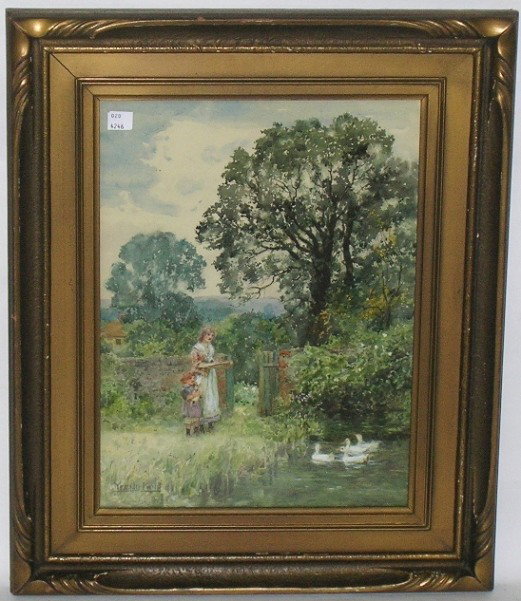 ***YEEND KING, HENRY: (1855-1924 English) Feeding ducks, framed watercolor and gouache, signed lower left, approximate image size 18 3/4'' x 11 1/2'', frame size 22'' x 18''.