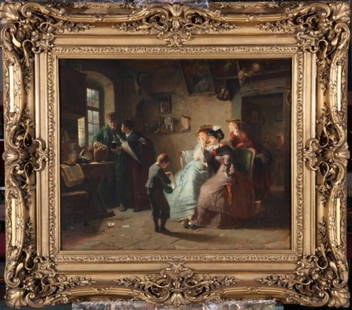 ***ORTLIEB, FRIEDRICH: (1839-1909 German) Interior scene with family and merchant, framed oil on canvas, signed lower left, approximate image size 26'' x 31 1/2'', frame size 39'' x 44''.