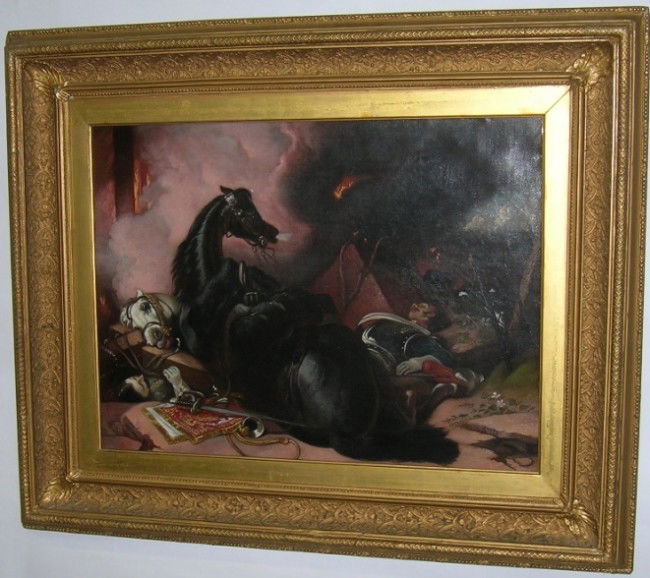 ***ATTRIBUTED TO JAMES ALFRED AITKEN: (1846-1897 English) War, framed oil, inscribed ''Jas Aitken pinx May 1870'' on verso, approximate image size 18'' x 24'', frame size 28'' x 34''.