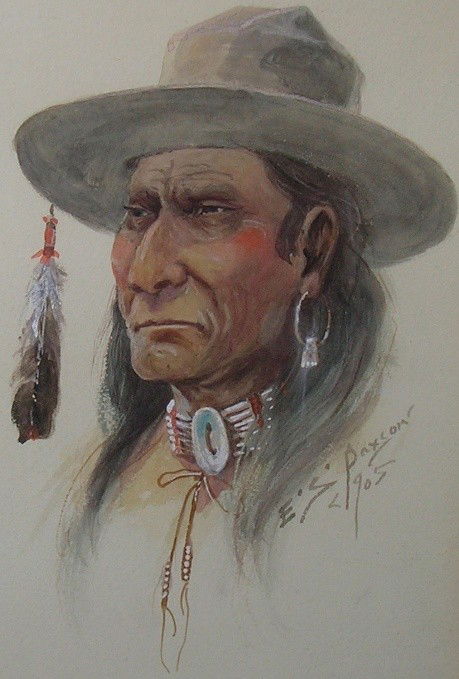 ***PAXSON, EDGAR SAMUEL: (1852-1919 American) Portrait of Native American man, framed watercolor and gouache, signed and dated 1905 lower right, approximate image size 11 3/4'' x 7 3/4'', frame 17'' x 13''.