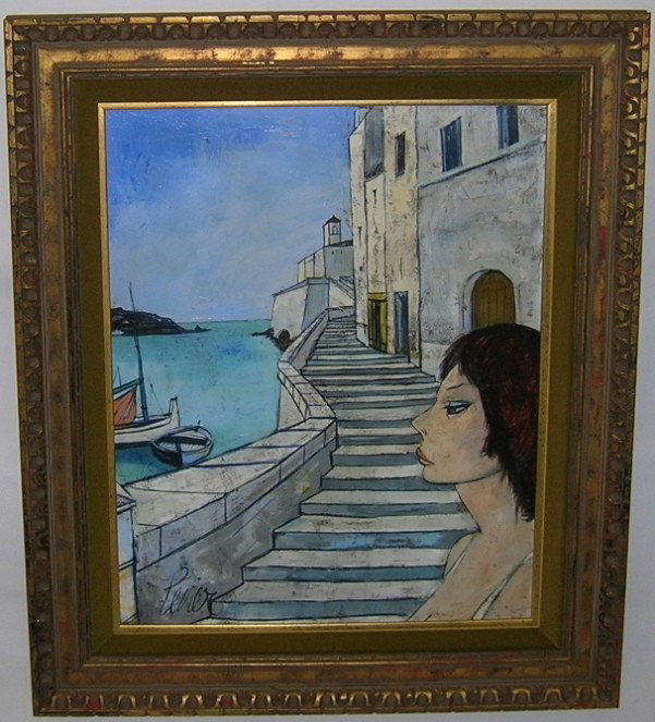 ***LEVIER, CHARLES: (1920-2008 American) Woman overlooking harbor, framed oil on canvas, approximate image size 30'' x 23 1/2'', frame 40'' x 34''.