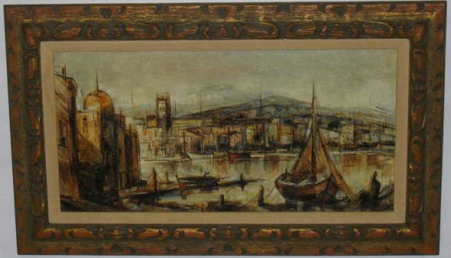 ***KARDIN, ALEXANDER: (Born 1917 Austrian) Cubist style harbor scene, framed oil on canvas, signed lower right, approximate image size 15'' x 30'', frame size 23'' x 38''.