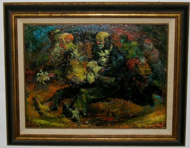 ***ROSE, IVER: (1899-1872 American) Clowns on parade, framed oil on masonite board, signed lower right, approximate image size 18'' x 24'', frame 25'' x 31''.