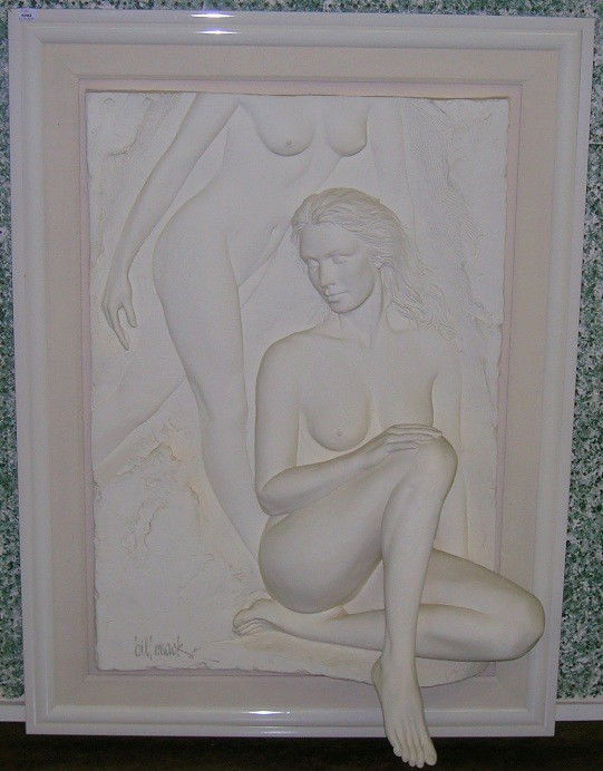 ***MACK, BILL: (Born 1949 American) ''Illusion'', bonded natural sand sculpture, artist signed lower left, approximate sculpture size 54'' x 32 1/2'', contained in fabric and white finish frame, frame size 61'' x 45