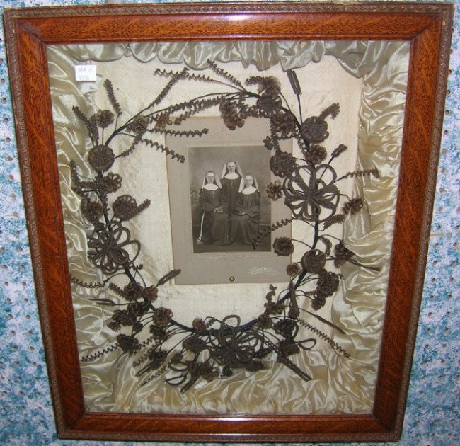 ***VICTORIAN HAIR WREATH: Together with photo of 3 nuns, enclosed in oak rectangular shadowbox, approximate height 21 1/4'', width 17 1/2''.