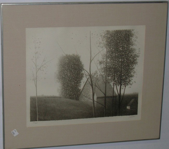 KIPNISS, ROBERT: (Born 1931 American) Landscape with trees and cottage, framed black and white lithograph on paper, approximate image size 12'' x 14 3/4'', frame size 19 1/4'' x 22'', signed in pencil and numbered 135