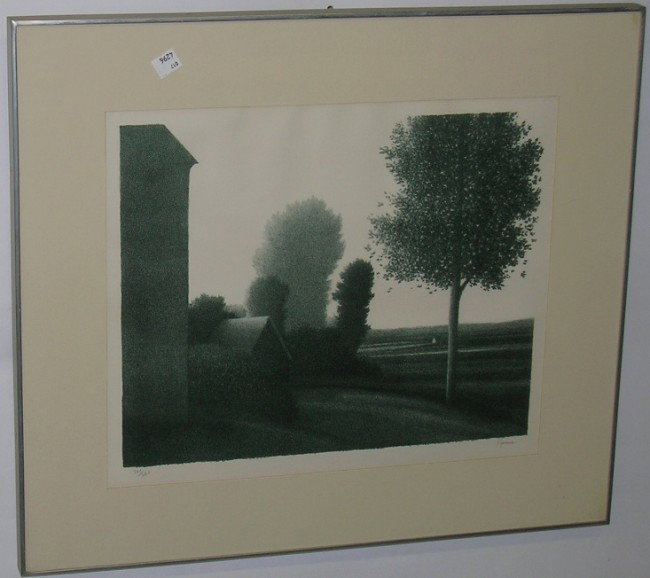 KIPNISS, ROBERT: (Born 1931 American) Landscape with trees and cottage, framed lithograph on paper, signed in pencil and numbered 201/260, approximate image size 12'' x 14 7/8'', frame size 19 1/2'' x 22''.
