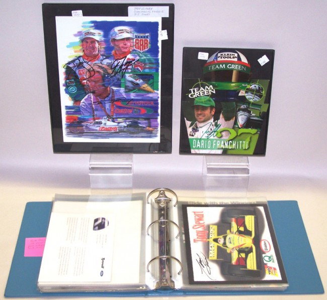 ***GROUP OF AUTOGRAPHED PIECES: Approximately 77 pieces. Including Dan Gurney, Juan Manuel Fangio II, PJ Jones, Dario Franchitti, Gordon Johncock, Johnny Rutherford, Andre Ribeiro, Tony Kanaan, Robby Gordon, Scott Goodyear, Emerson 