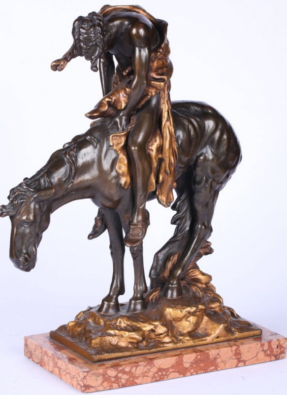 ***AFTER CARL KAUBA: (1865-1922 Austrian) Bronze sculpture depicting rider on horseback, signed ''Carl Kauba'', raised on rectangular marble base, approximate bronze height 13 1/2'', total height 14 1/2''.