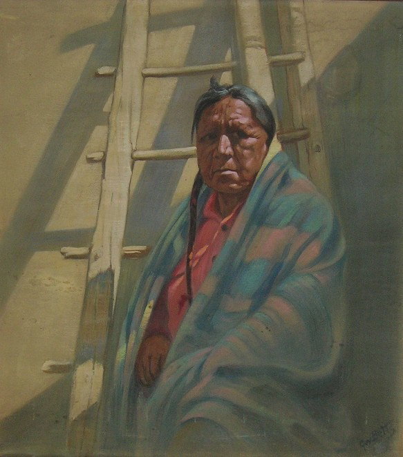***BETTS, GRACE: (1885-1978 American) Three-quarter length portrait of Native American woman, unframed oil on canvas, stretched on 2 pieces of wood, signed lower right, approximate image size 35 1/2'' x 32''.