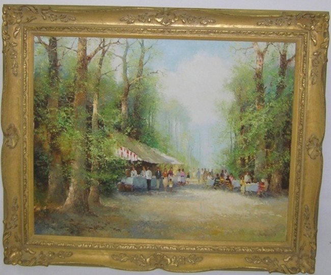***BAUER, WILLI: (Born 1923 German) Outdoor cafe scene, framed oil on canvas, signed lower right, approximate image size 31'' x 40'', frame size 40 1/2'' x 49 1/2''.