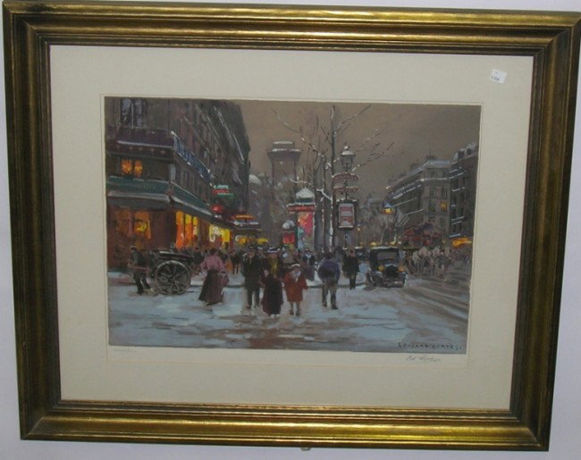 ***CORTES, EDOUARD LEON| (French 1882-1969): ***CORTES, EDOUARD LEON| (French 1882-1969) Parisian street with snow, framed lithograph signed in pencil lower right and numbered lower left CXXVIII/CCCL (128/350). PROVENANCE- Estate of Sylvia K. Jo