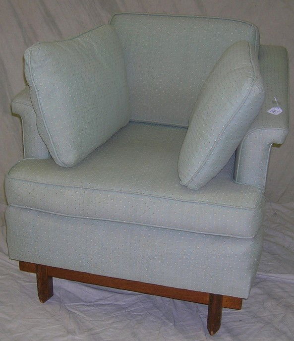 ***PAIR OF HENREDON CHAIRS BY FRANK LLOYD WRIGHT: Having light teal upholstery and carved frames, approximate height 32'', width 30'', depth 34''.