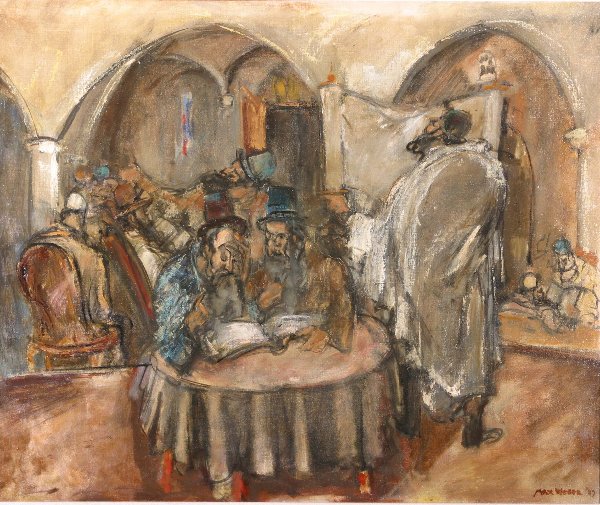 WEBER, MAX (1881-1961 Great Neck, New: WEBER, MAX (1881-1961 Great Neck, New York) Reading the scroll, framed oil on canvas, signed lower right Max Weber and dated 1937, deaccessioned from a Mid-Western museum, 25 1/4" x 30".