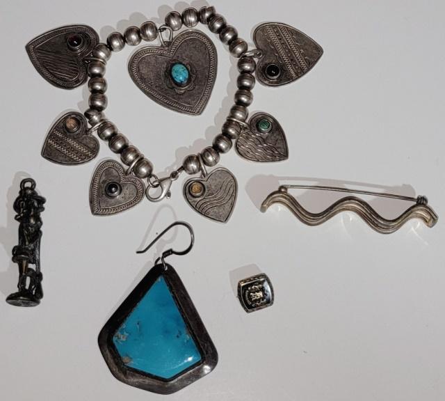 GROUP OF SILVER JEWELRY: Bracelet with hearts and semi-precious stones, (large heart marked sterling), pin marked sterling, single earring marked sterling, Kankakee High School pin marked Kankakee H S, marked 10k, and a figur