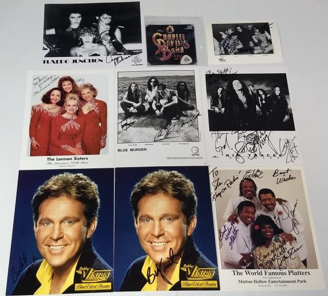 9 AUTOGRAPHED PHOTOS: The Lennon sisters, Blue Murder, Kik Tracee, Tuxedo Junction, The Platters, 2 Bobby Vinton, Charlie Daniels, and White Trash.