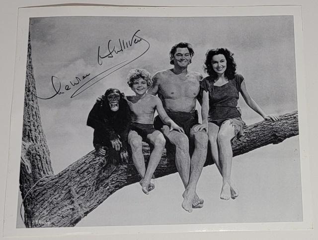 MARGARET O'SULLIVAN AUTOGRAPH: 8" x 10" Black and white photo in Tarzan scene with Johnny Weissmuller and Johnny Sheffield, signed Margaret O'Sullivan, originally purchased from the private collection of Jack Mulqueen, TV producer.