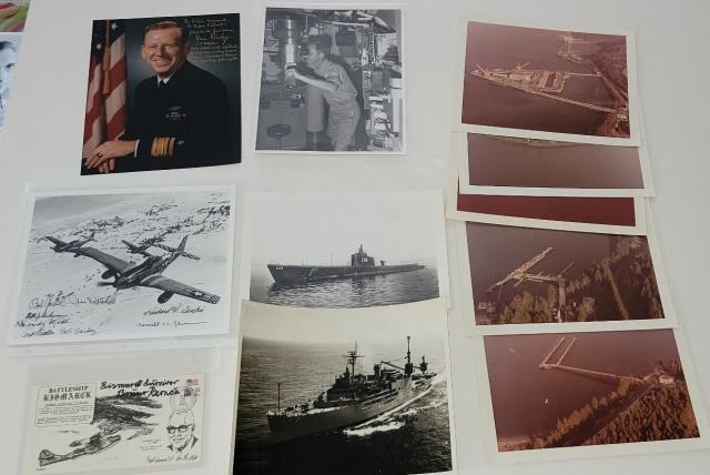 GROUP OF MILITARY PHOTOS: Group of Military photos of submarines, sub ports, planes, 2 are signed, one photo signed by fighter pilots aces, comprising Bob Goebel, Jim Brooks, Art Fiedler, Richard Duncan, Bob Barkey, Walter Goe