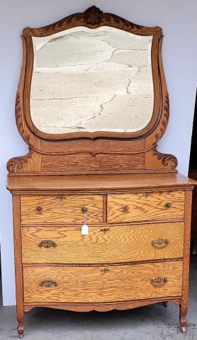 ANTIQUE CARVED TIGER OAK MIRRORED DRESSER (1 of 5)