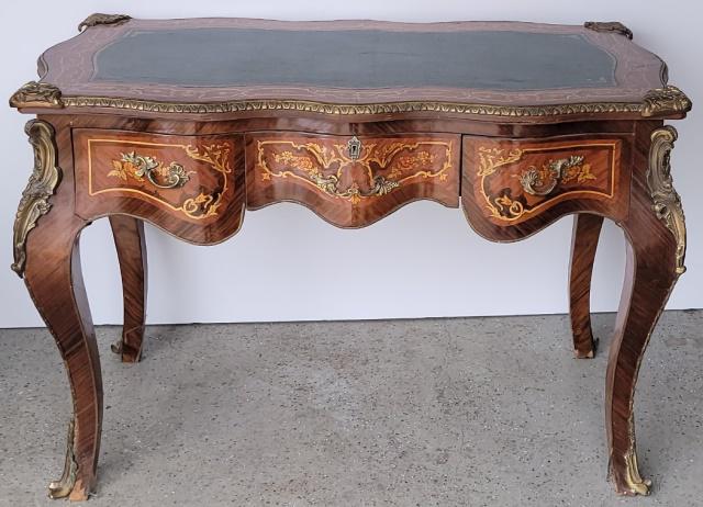 LOUIS XV STYLE BUREAU PLAT DESK: Having inlay & leather top with bronze mounts, approximate height 32", width 47 3/4", depth 25".
