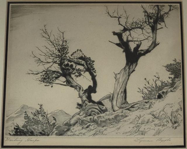 BYXBE, LYMAN: "Wailing Harps", framed etching, pencil signed lower right, titled lower left, approximate image size 7" x 5 1/2", frame 12" x 11 1/4".