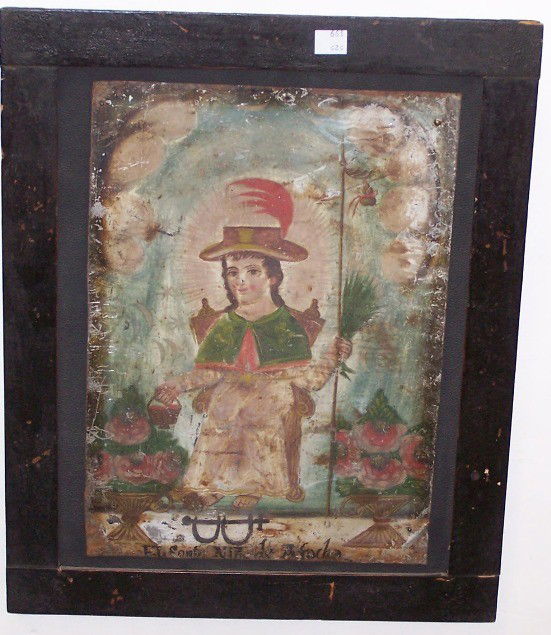 UNKNOWN ARTIST: (19th/Early 20th Century Mexican School) Religious retablo, paints on tin panel, nailed to board, approximate image size 14'' x 9 3/4'', frame size 18'' x 14 1/4''.