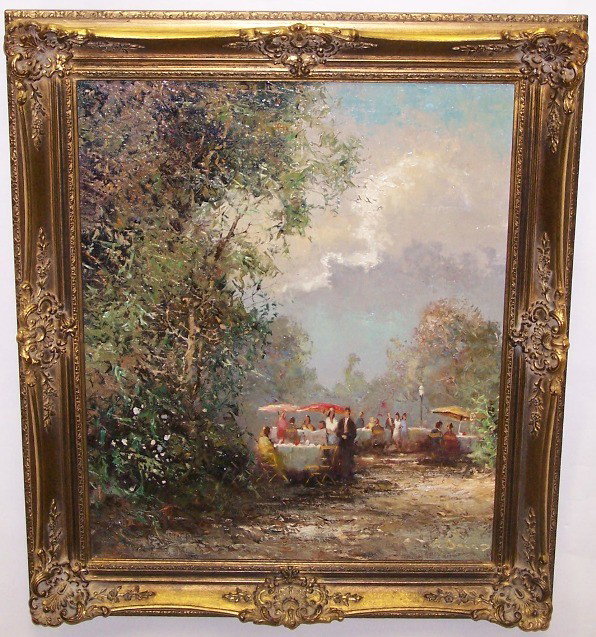 ***BAUER, WILLI: (Born 1928 German) Impressionist cafe scene, framed oil on canvas, signed lower right, approximate image size 24'' x 20'', frame size 29 3/4'' x 25 3/4''.