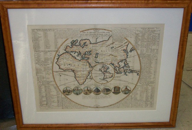 ANTIQUARIAN ENGRAVED MAP: 2-Piece framed map of known world circa 1650, approximate image size 13 1/2'' x 17 1/2'', frame size 20'' x 25''.