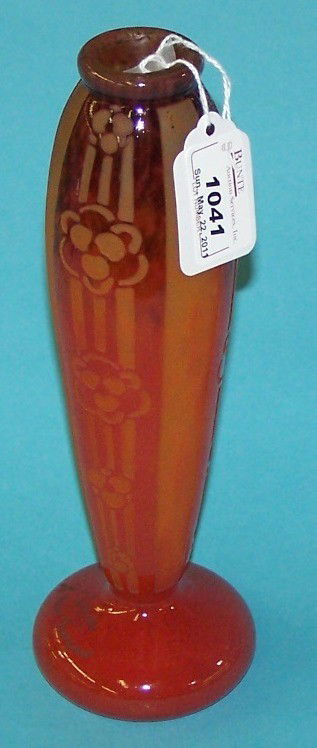 ***CHARDER LE VERRE FRANCAIS CAMEO GLASS VASE: Mottled orange color with stylized floral decoration, approximate height 9 1/4''. PROVENANCE- Estate of Sylvia K. Joseph, Chicago, IL.