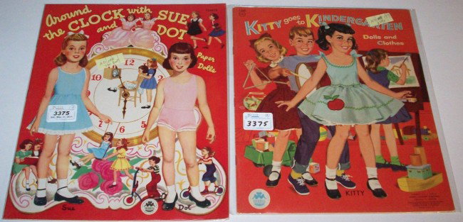 ***VINTAGE PAPER DOLLS, MERRILL 1952, UNCUT: Around the Clock with Sue and Dot Paper Dolls, #1546, and vintage paper dolls, Merrill 1956, uncut, Kitty Goes to Kindergarten Dolls and Clothes, #1548.