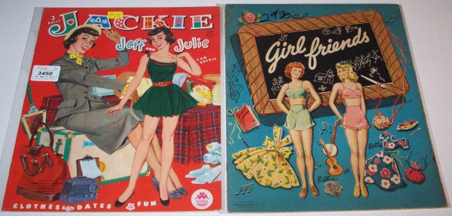 ***VINTAGE PAPER DOLLS, MERRILL 1961, UNCUT: Jackie, Jeff and Julie, #1559, and vintage paper dolls, Woodman 1944, uncut, Girlfriends, #974.