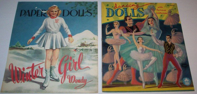 ***VINTAGE PAPER DOLLS, MERRILL 1954, UNCUT: Dancing Dolls with Famous Costumes, #3448-10, and vintage paper dolls, Saalfield 1952, uncut, Summer Girl Sue and Winter Girl Wendy, #1563.