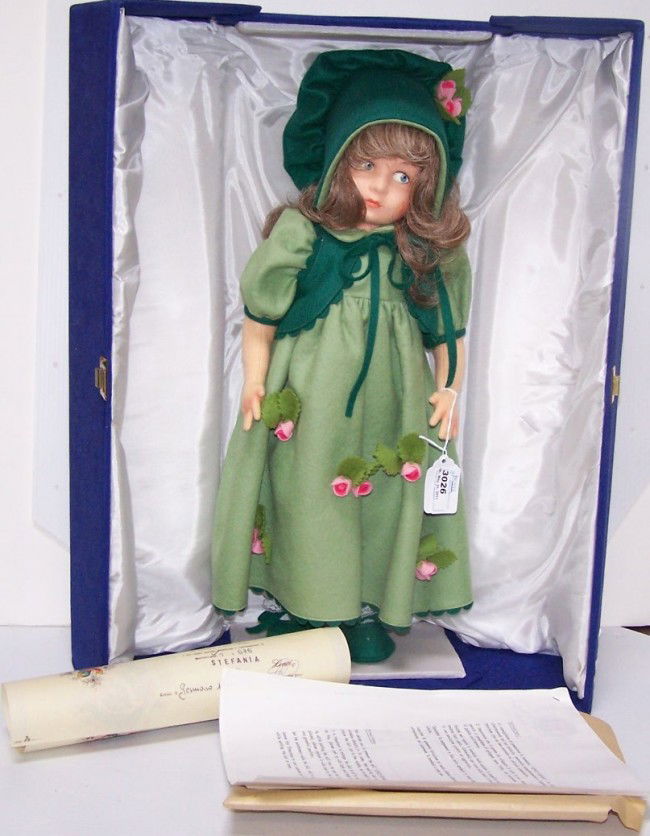 ***LENCI DOLL: With green dress and bonnet, approximate height 19 1/2'', with original box.