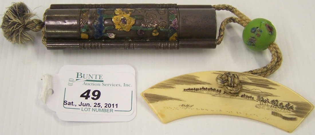 ***INRO AND NETSUKE: Metal with enamel floral decoration, ivory with landscape decoration and glass ball, approximate inro box length 3 1/2'', deaccessioned from Columbus Museum of Art. Note: Items containing ivory will o