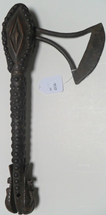 ***EDGED WEAPON: Having knob and figural carved handle, having carved letters ''KE&DE'' and next to blade ''R 11-7-35'', approximate height 15 5/8'', deaccessioned from Columbus Museum of Art.