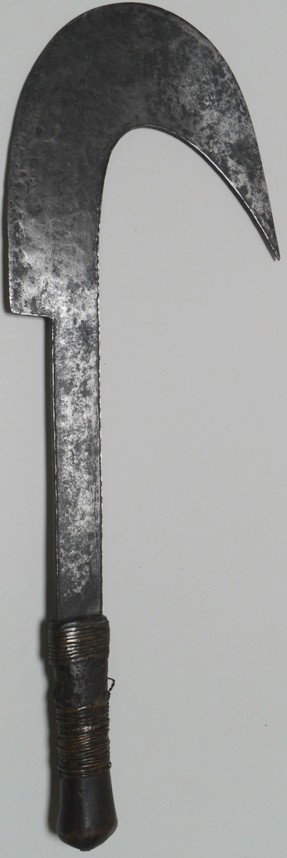 ***EDGED WEAPON: Iron, wood and brass, iron blade with brass wrap around wooden handle, approximate height 16 1/2'', deaccessioned from Columbus Museum of Art.