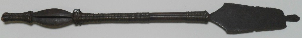 ***EDGED WEAPON: Iron, wood and brass, iron blade with brass wrap around wooden handle, approximate height 25 1/4'', deaccessioned from Columbus Museum of Art.