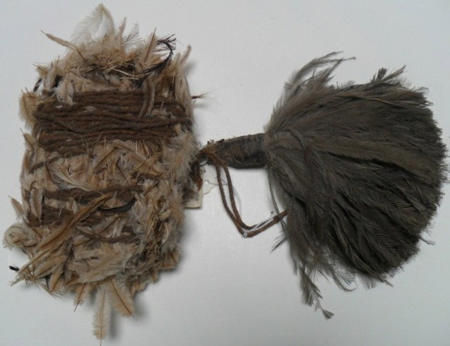 ***TWO OCEANIC FEATHERED HEAD ORNAMENTS: Tag reading ''Head Ornament, Emu Feathers, Sepik R. Region, New Guinea'', deaccessioned from Columbus Museum of Art