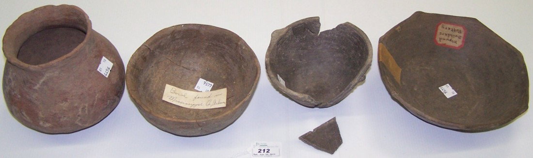 ***FOUR EARLY POTTERY BOWLS: ***FOUR EARLY POTTERY BOWLS| 7-Sided bowl marked "Mound Builders Pottery", approximate height of tallest 5 3/8".
