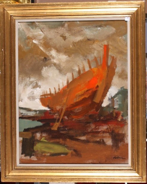 JEROME, PIERRE: (Born 1905 French) ''Bateau en Construction'', framed oil on canvas, signed lower right, approximate image size 25 3/4'' x 20'', frame size 31'' x 25 1/2''.