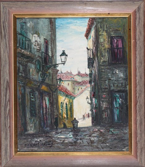 ***SANTOS, FERMIN: (Born 1915 Spanish) Two framed oils depicting urban architectural scenes, signed lower left, approximate image size 16'' x 13'', frame size 21'' x 18''.