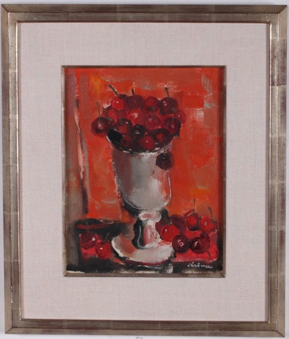 JEROME, PIERRE: (Born 1905 French) Still life with cherries, framed oil on canvas, signed lower right, approximate image size 13 3/4'' x 10 1/2'', frame size 22'' x 19''.