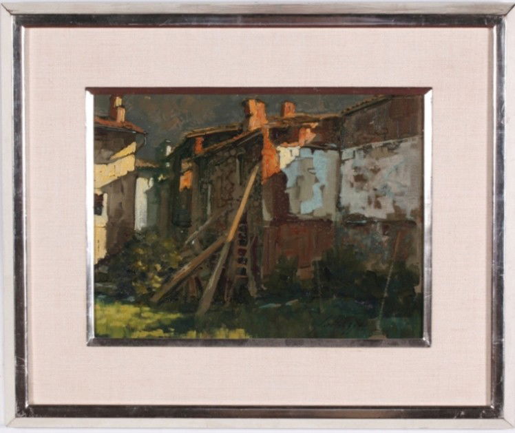 SOLLAZZI, LUCIO: (20th Century Italian) Landscape with cottages, framed oil on canvas board, signed lower right, approximate image size 11 3/4'' x 15 3/4'', frame size 20'' x 24''.